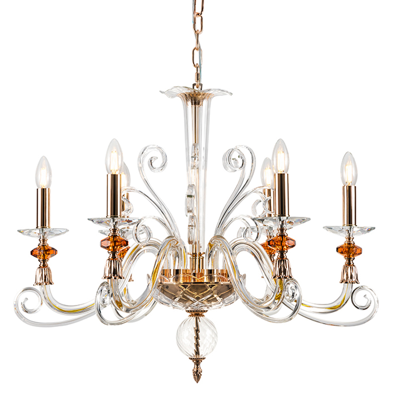 Люстра с 6-ю лампочками и изогнутыми прозрачными элементами из стекла Twisted Glass Candles Chandelier Золотой Прозрачное Стекло в Сочи | Loft Concept 