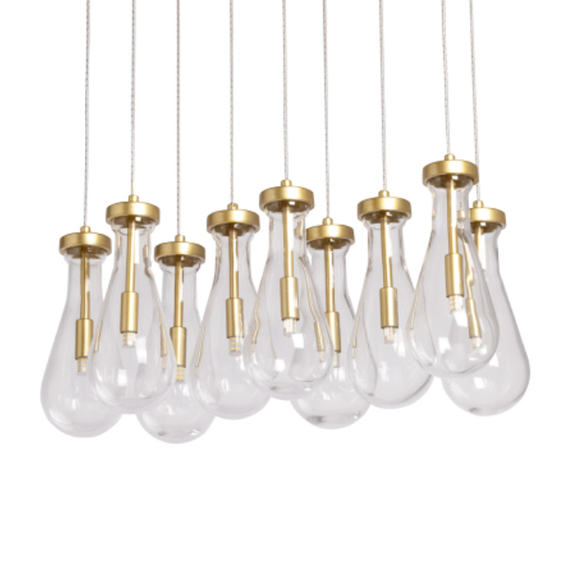 Люстра с 9-ю прозрачными стеклянными плафонами в форме капли Lucid Rain  Золотой Прозрачный в Сочи | Loft Concept 