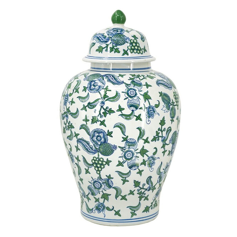 Ваза с крышкой и зелено-голубым цветочным узором на белом фоне Blue & White Ornament Белый Синий Ваза с крышкой и зелено-голубым цветочным узором на белом фоне Blue & White Ornament Белый Синий в Сочи | Loft Concept