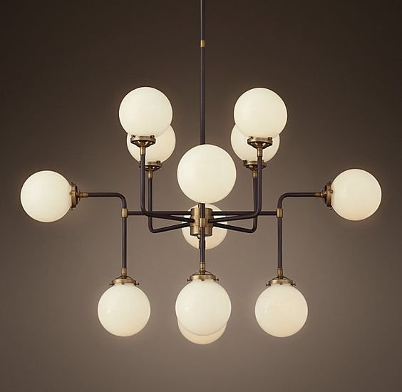 Люстра RH Bistro Globe Milk Glass 12-Light Chandelier Латунь Черный Белый в Сочи | Loft Concept 