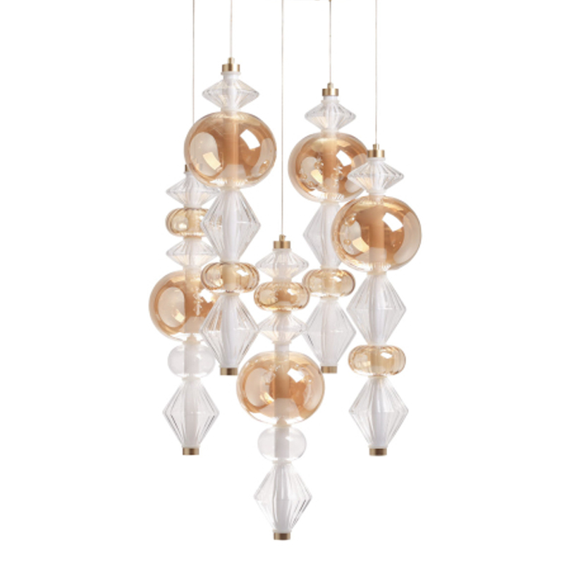 Люстра с плафонами из прозрачного и янтарного стекла в виде шаров и ромбов Gabriel Scott Luna Золотой Прозрачное Стекло Янтарный в Сочи | Loft Concept 