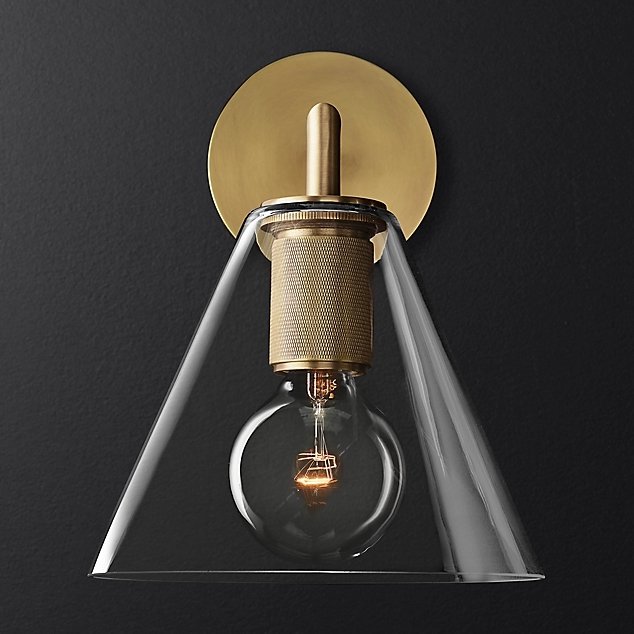 Бра RH Utilitaire Funnel Shade Single Sconce Brass Прозрачное Стекло Латунь в Сочи | Loft Concept 