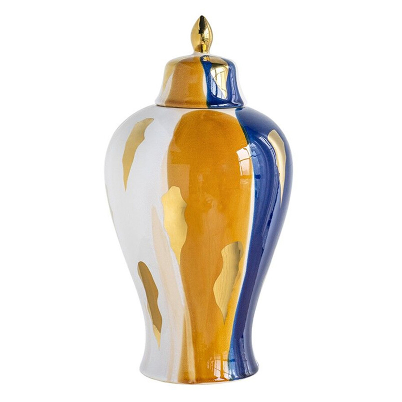 Ваза с крышкой и мазками синего и золого цвета на белом фоне Chinoiserie Ceramics Белый Оранжевый Золотой Синий Ваза с крышкой и мазками синего и золого цвета на белом фоне Chinoiserie Ceramics Белый Оранжевый Золотой Синий в Сочи | Loft Concept