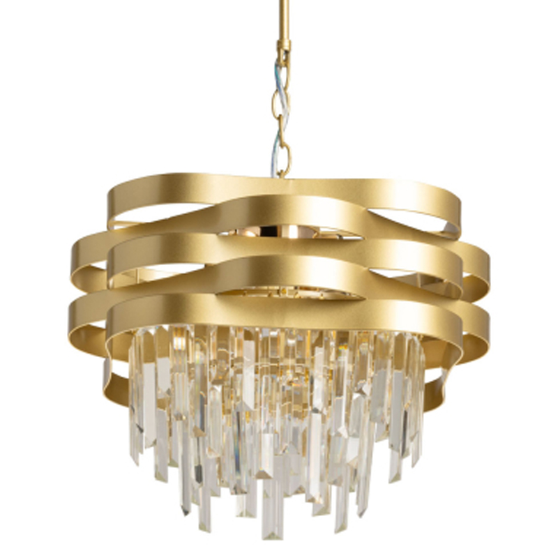 Люстра цвета матового золота с металлическими лентами и длинными прозрачными подвесками Gilded Waves Золотой Прозрачный в Сочи | Loft Concept 