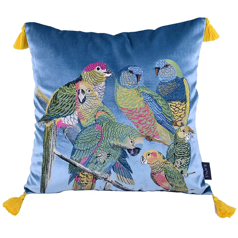 Декоративная подушка с вышивкой Embroidery Parrots Pillow Blue Голубой Мульти в Сочи | Loft Concept 