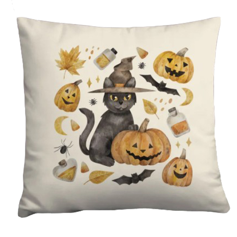 Подушка Halloween Pumpkin Cat Белый Оранжевый Серый в Сочи | Loft Concept 