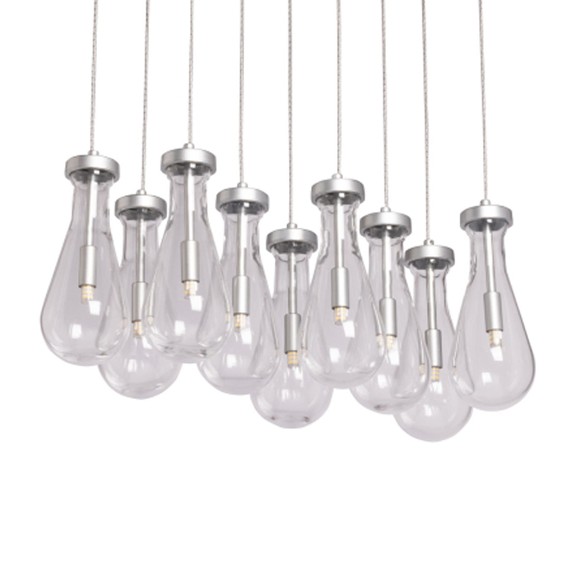 Люстра с 9-ю прозрачными плафонами из стекла в форме капли на прямоугольном потолочном основании цвета хром Lucid Rain  Серебряный Прозрачный в Сочи | Loft Concept 