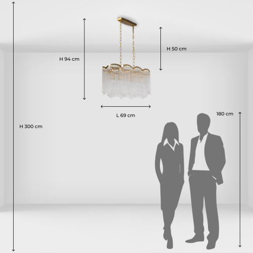 Люстра прямоугольная на цепях с прозрачными трубками и волнистым краем Nembus в Сочи
