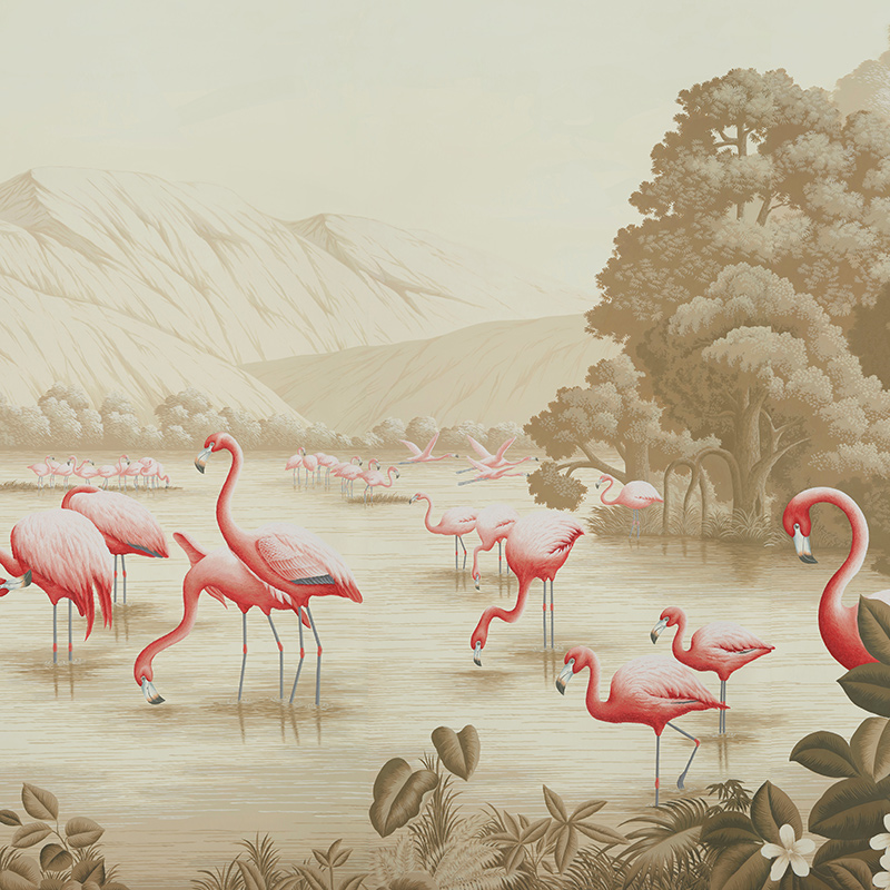 Обои ручная роспись Flamingos Flamingo on Sepia scenic paper  в Сочи | Loft Concept 