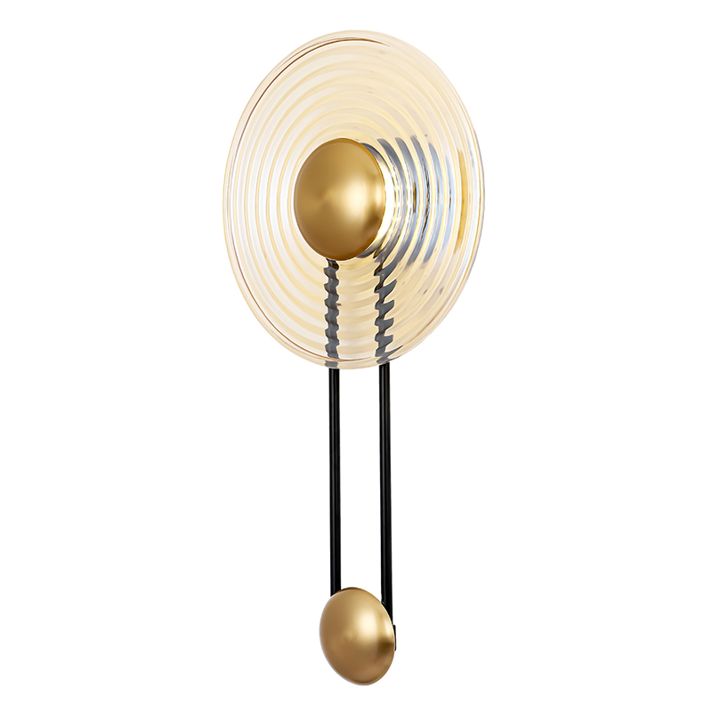 Бра с круглым рифленым плафоном янтарного цвета Savio Glass Disc Light Латунь Черный Янтарный Бра с круглым рифленым плафоном янтарного цвета Savio Glass Disc Light Латунь Черный Янтарный в Сочи | Loft Concept