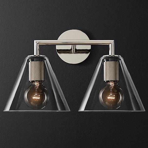 Бра RH Utilitaire Funnel Shade Double Sconce Silver Прозрачное Стекло Никель в Сочи | Loft Concept 