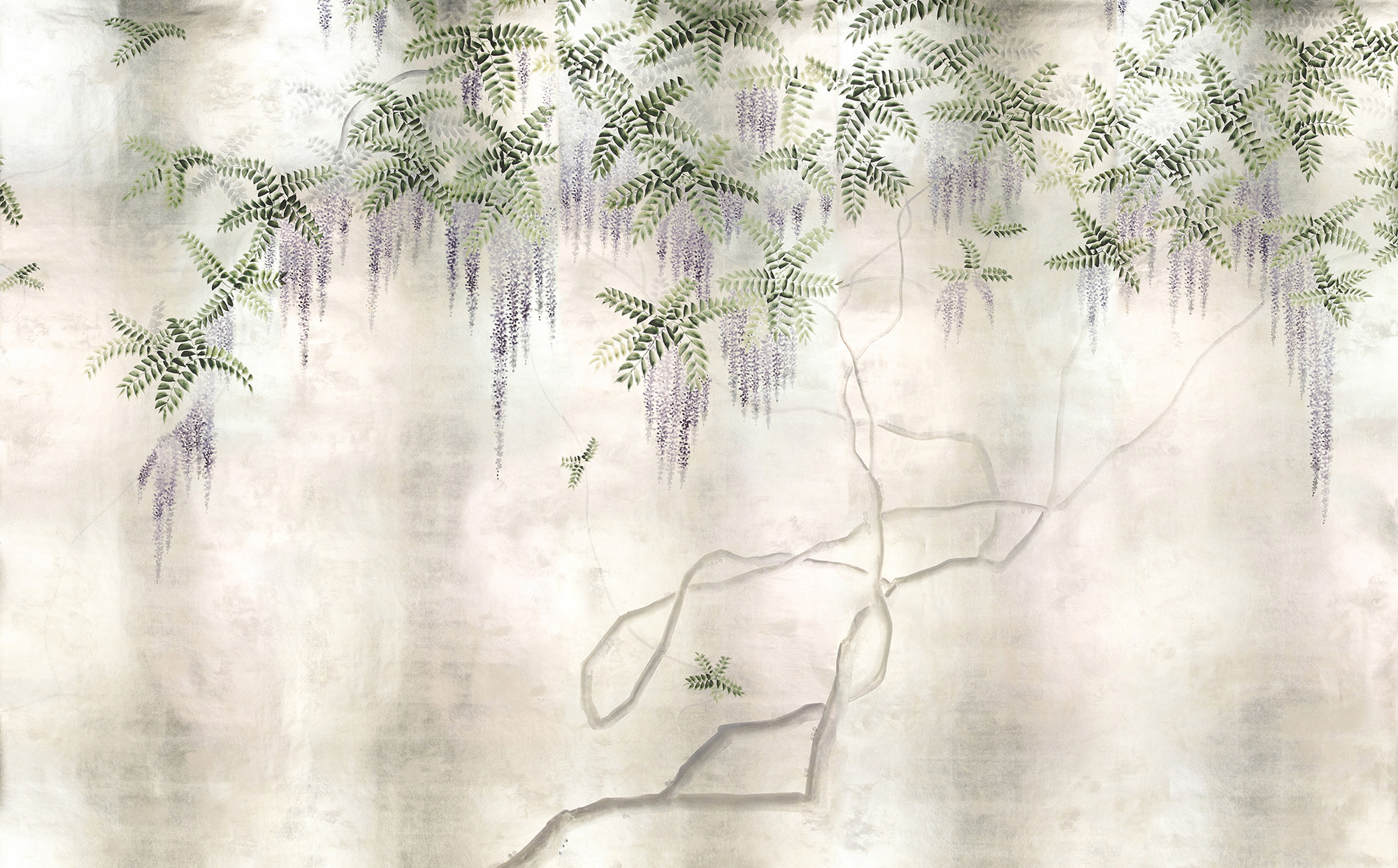 Обои в японском стиле Wisteria Lavender on White Metal gilded paper with pearlescent antiquing Обои в японском стиле Wisteria Lavender on White Metal gilded paper with pearlescent antiquing - постер Loft-Concept в Сочи
