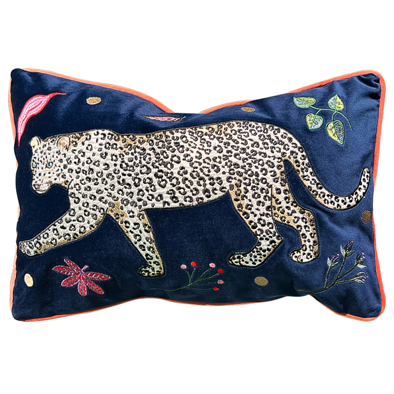 Декоративная подушка с вышивкой Panther Embroidery Cushion Темно-синий Мульти в Сочи | Loft Concept 