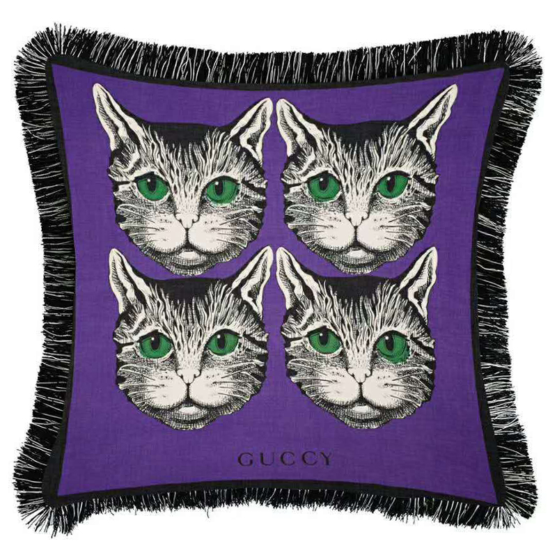 Декоративная подушка с вышивкой Cтиль Gucci Four Cats Violet Фиолетовый Зеленый Черно-белый в Сочи | Loft Concept 