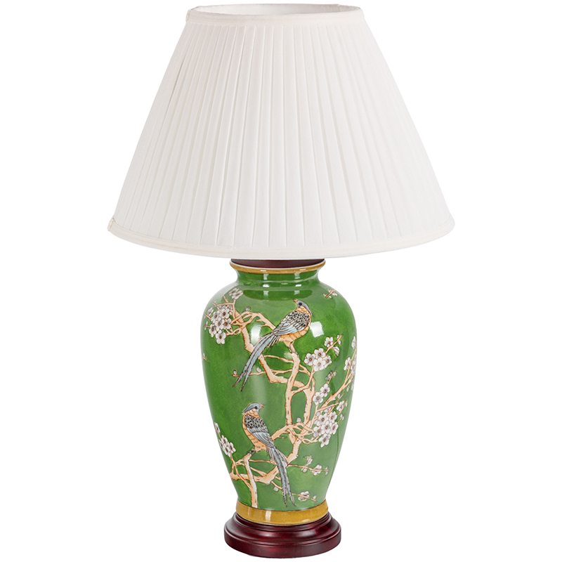 Настольная лампа с абажуром Birds Green Chinoiserie Lampshade Зеленый Белый Коричневый в Сочи | Loft Concept 