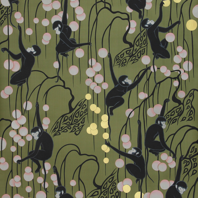 Обои ручная роспись Deco Monkeys Special Colourway on Olive dyed silk  в Сочи | Loft Concept 