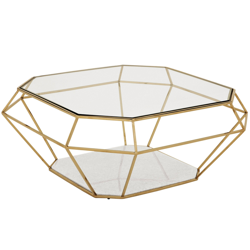 Кофейный стол Eichholtz Coffee Table Asscher Золотой Прозрачный Белый Мрамор Bianco в Сочи | Loft Concept 