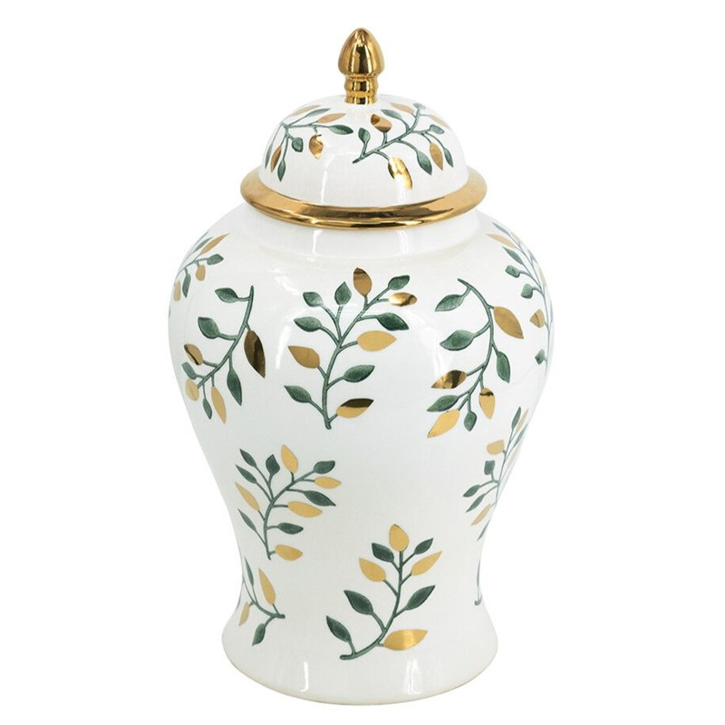 Ваза белая с крышкой с рисунком зеленых и золотых листьев 48 см Chinoiserie Ceramics Белый Зеленый Золотой Ваза белая с крышкой с рисунком зеленых и золотых листьев 48 см Chinoiserie Ceramics Белый Зеленый Золотой в Сочи | Loft Concept
