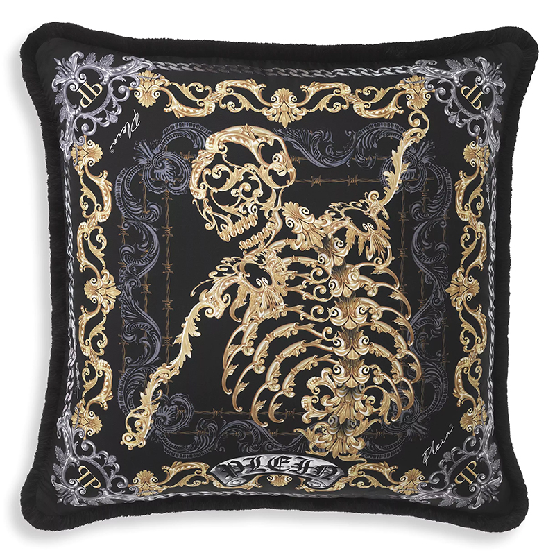 Подушка Philipp Plein Cushion Silk Skeleton 70 x 70 cm Черный Золотой Серый в Сочи | Loft Concept 