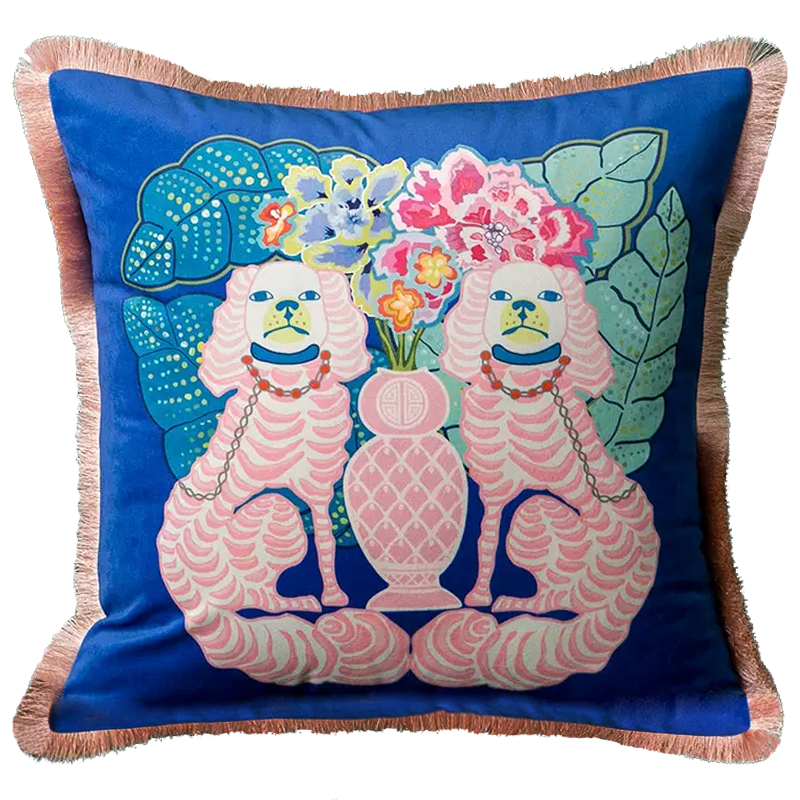 Декоративная подушка Two Pink Dogs on Blue Cushion Синий Розовый Мульти в Сочи | Loft Concept 