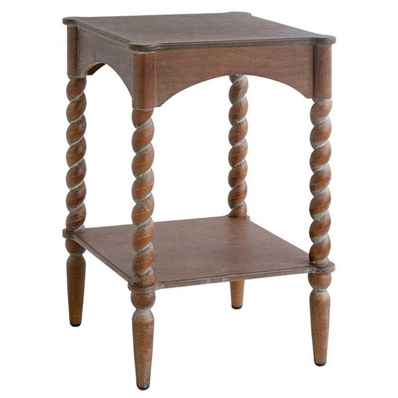 Приставной столик деревянный с резными ножками и нижней полкой Vintage Side Table Brown Wood Коричневый в Сочи | Loft Concept 