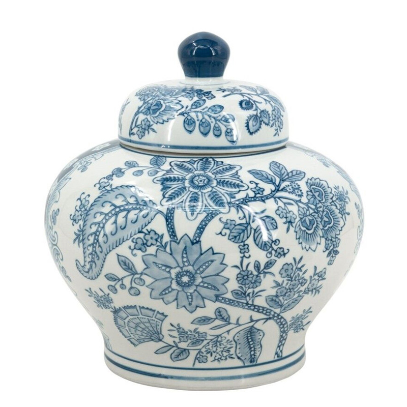 Ваза с крышкой и синим узором в виде цветов и листьев Blue & White Ornament Белый Синий Ваза с крышкой и синим узором в виде цветов и листьев Blue & White Ornament Белый Синий в Сочи | Loft Concept