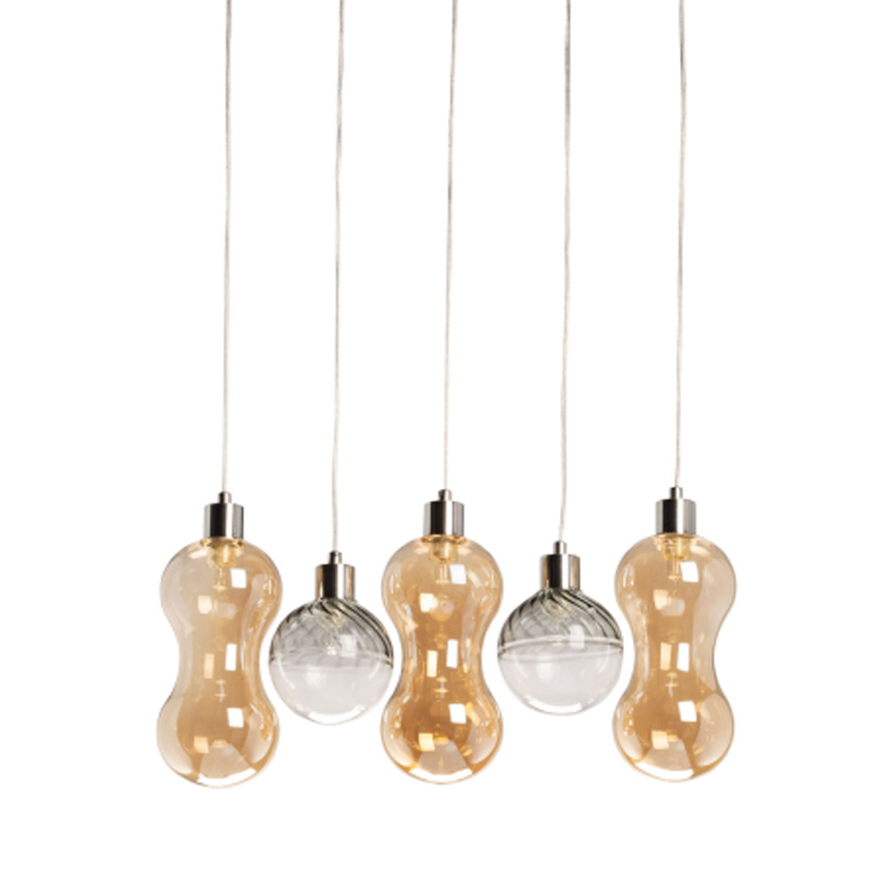 Люстра с 3-мя плафонами волнообразной формы цвета янтарь и 2-мя прозрачными шарообразными плафонами Lucid Rain  Черный Прозрачный Янтарный в Сочи | Loft Concept 