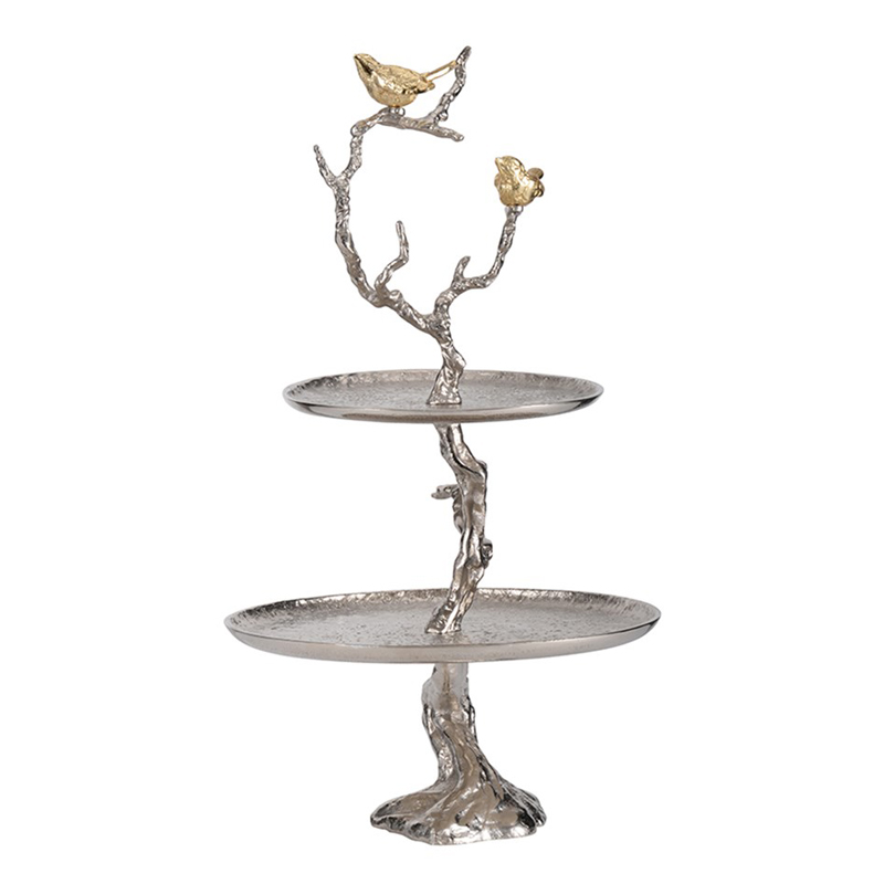 Блюдо двухъярусное Birds on Branches silver Сатиновое Серебро  Золотой в Сочи | Loft Concept 