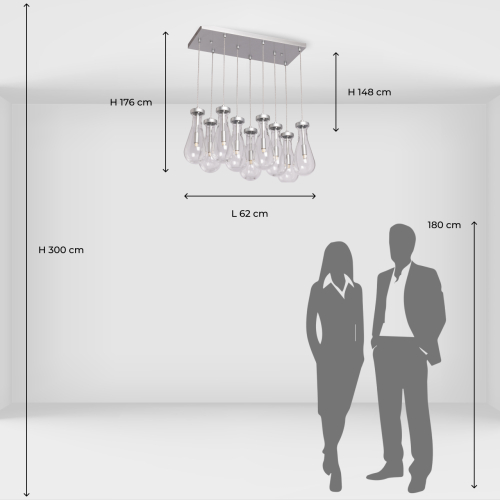 Люстра с 9-ю прозрачными плафонами из стекла в форме капли на прямоугольном потолочном основании цвета хром Lucid Rain  в Сочи
