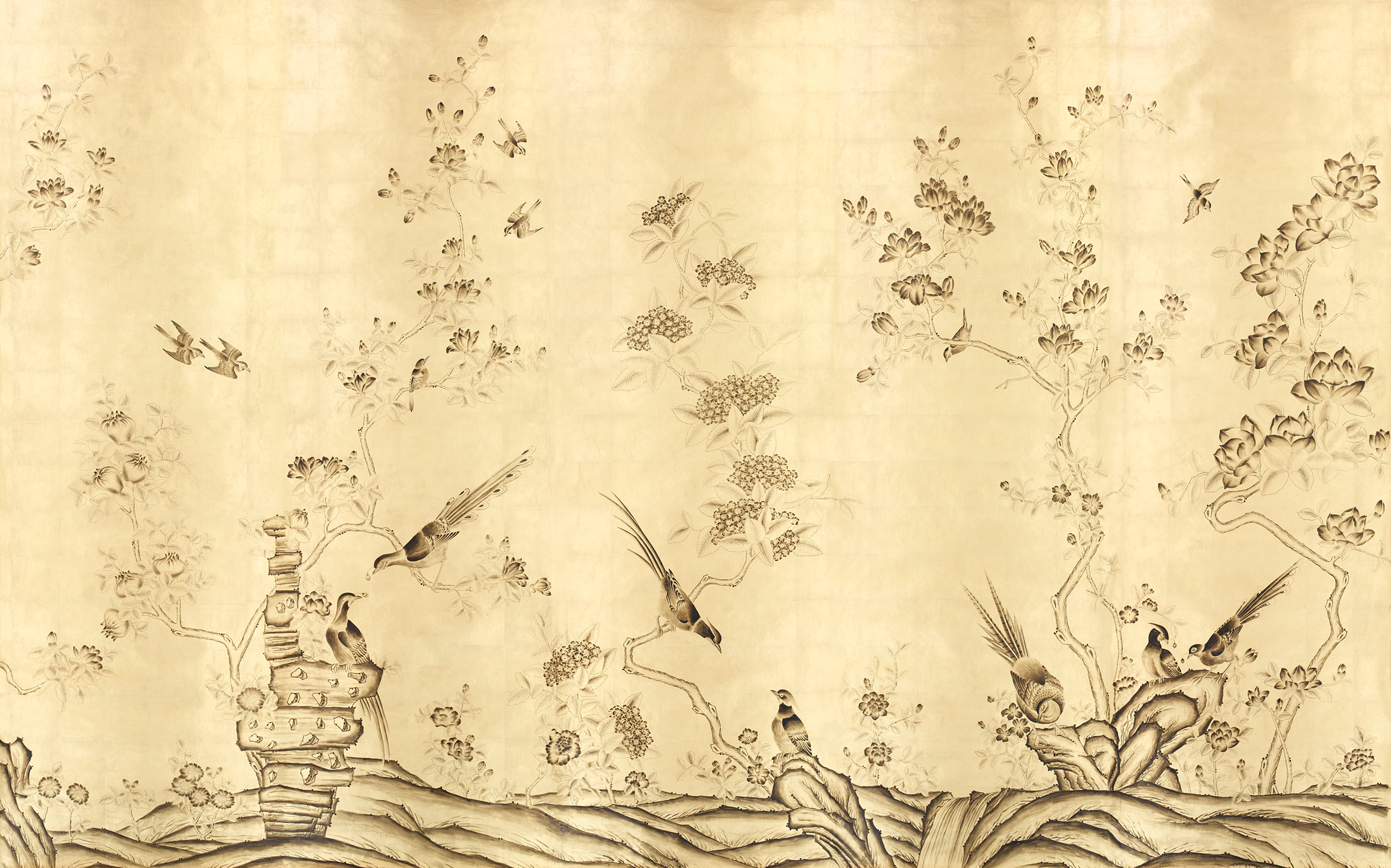 Обои ручная роспись Japanese Garden Dark Lacquer on Deep Rich Gold gilded silk Обои ручная роспись Japanese Garden Dark Lacquer on Deep Rich Gold gilded silk - постер Loft-Concept в Сочи