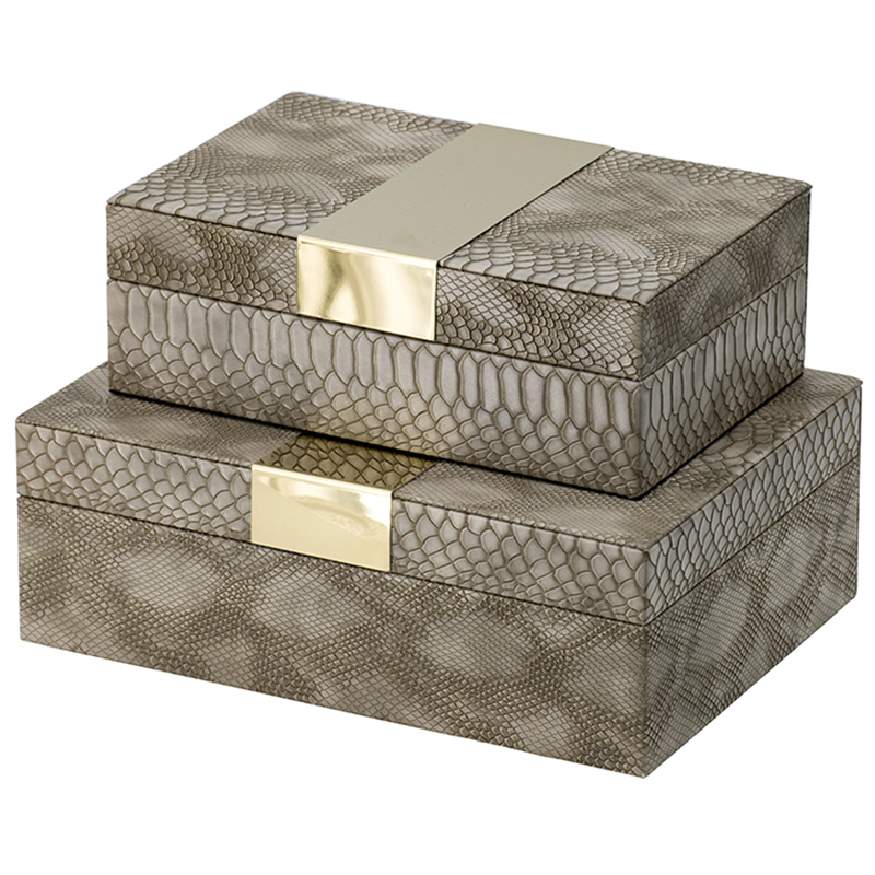 Комплект шкатулок Imitation Snakeskin Boxes Бежево-серый Глянцевое золото в Сочи | Loft Concept 