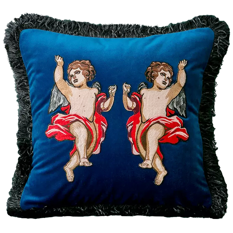 Декоративная подушка с вышивкой Стиль Gucci Angels Cushion Blue Синий Мульти в Сочи | Loft Concept 