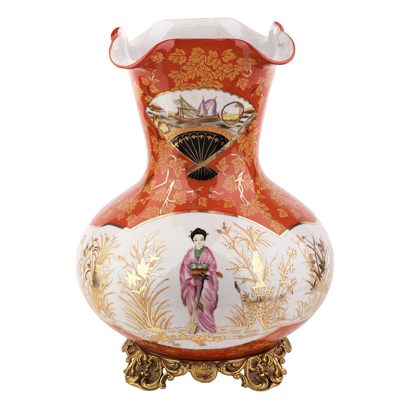 Ваза красного цвета с рисунком Chinoiserie Ceramics Белый Красный Бронза Ваза красного цвета с рисунком Chinoiserie Ceramics Белый Красный Бронза в Сочи | Loft Concept