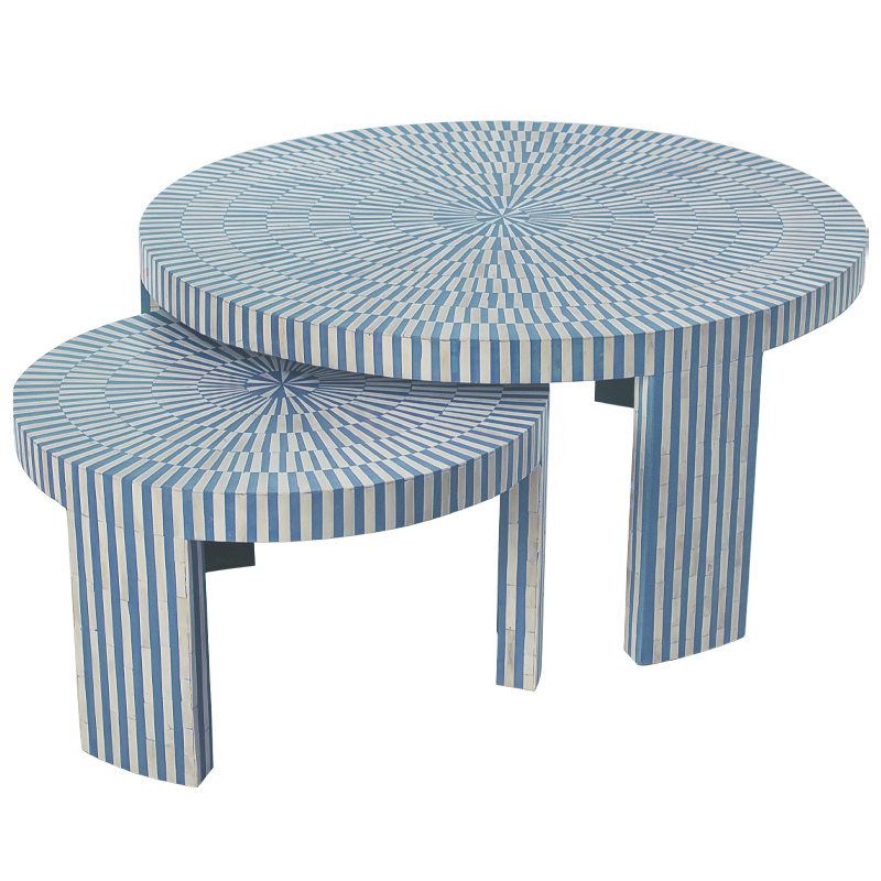 Комплект журнальных столов с инкрустацией Stripes Set of two tables blue Белый Голубой в Сочи | Loft Concept 