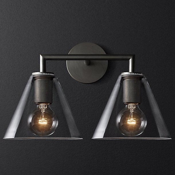 Бра RH Utilitaire Funnel Shade Double Sconce Black Прозрачное Стекло Темная бронза в Сочи | Loft Concept 