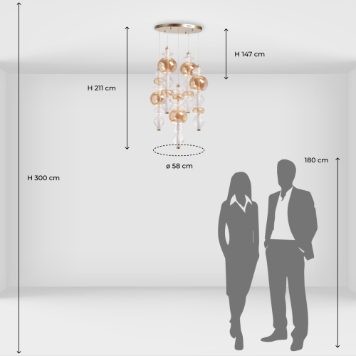 Люстра с плафонами из прозрачного и янтарного стекла в виде шаров и ромбов Gabriel Scott Luna в Сочи