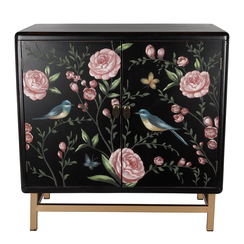 Комод с росписью птицы и цветы Black Chest Of Drawers Peonies Черный Черный Золотой Мульти в Сочи | Loft Concept 