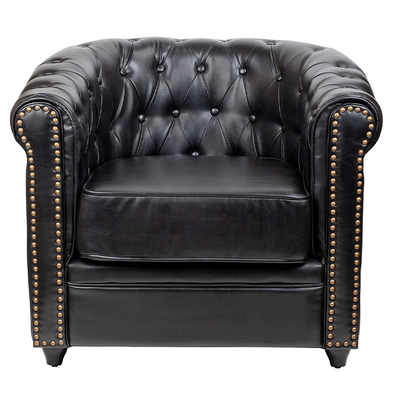 Кресло кожаное с мягкими подлокотниками на 4-х деревянных ножках Logan Leather Armchair black Черный в Сочи | Loft Concept 