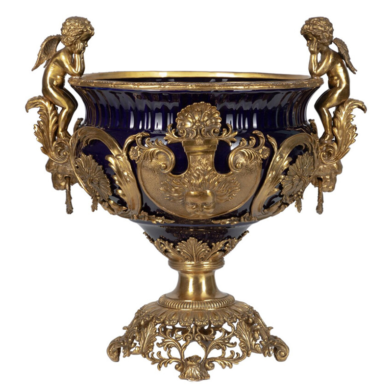 Чаша темно-синего цвета с фигурками ангелов и рельефным декором Eden Garden porcelain and bronze Темно-синий Бронза в Сочи | Loft Concept 