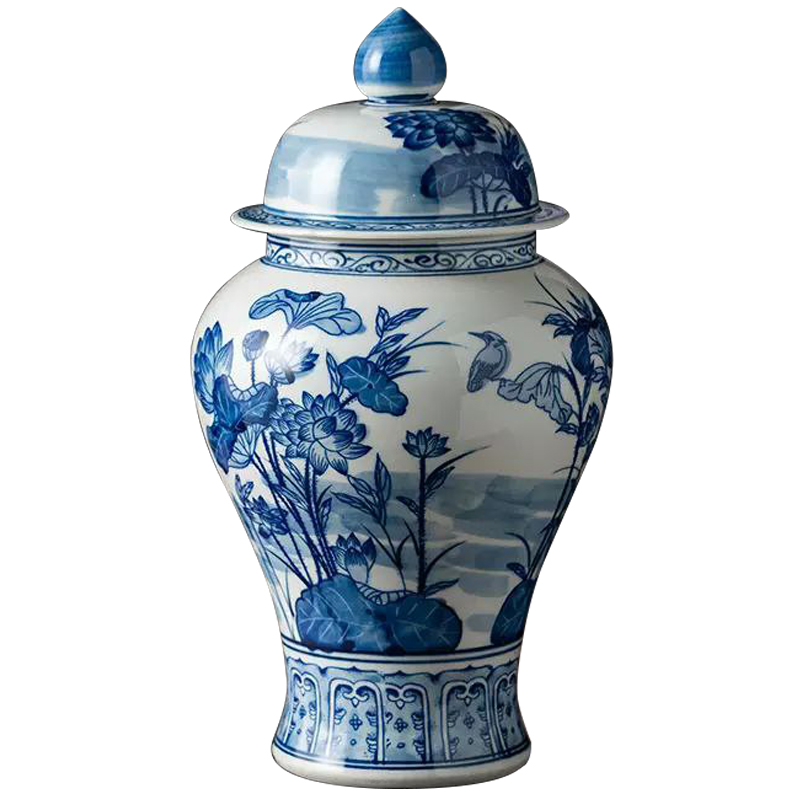 Ваза с крышкой Ceramic Blue Flowers and Bird Vase Белый Синий в Сочи | Loft Concept 