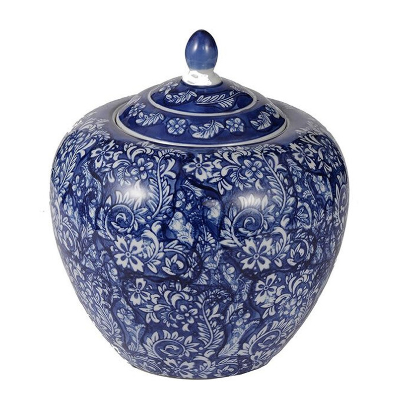 Ваза округлой формы с синей росписью и цветочным узором Blue & White Ornament Белый Синий Ваза округлой формы с синей росписью и цветочным узором Blue & White Ornament Белый Синий в Сочи | Loft Concept
