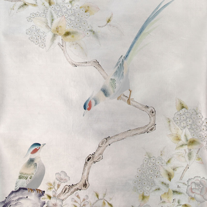 Обои ручная роспись Japanese Garden Special Colourway on Ocean Silver gilded silk  в Сочи | Loft Concept 