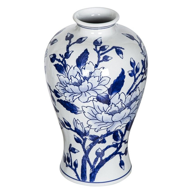 Ваза с бело-синей росписью и изображением цветов Blue & White Ornament Белый Синий Ваза с бело-синей росписью и изображением цветов Blue & White Ornament Белый Синий в Сочи | Loft Concept