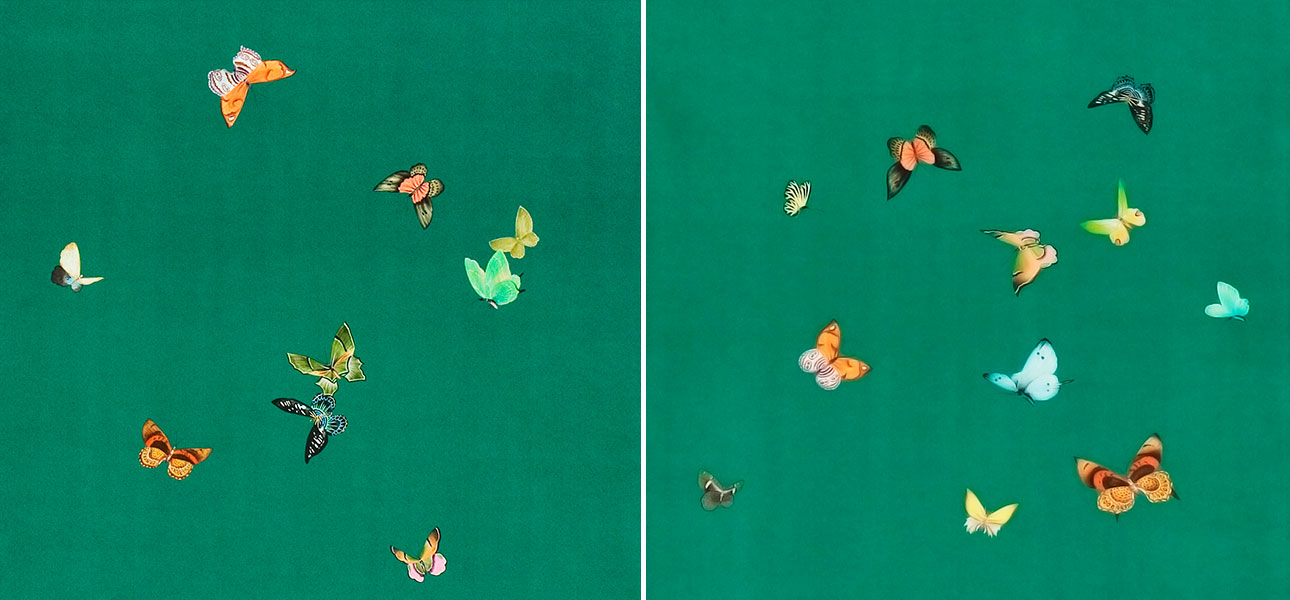 Обои ручная роспись Butterflies Emerald on green dyed paper - фото