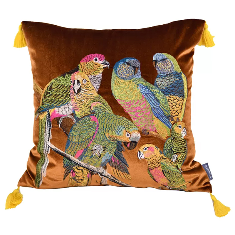 Декоративная подушка с вышивкой Embroidery Parrots Pillow Brown Коричневый Мульти в Сочи | Loft Concept 