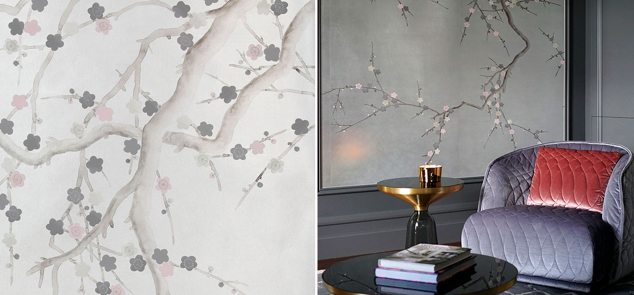 Обои ручная роспись Plum Blossom Colourway SC-233 on Sterling Silver gilded silk - фото