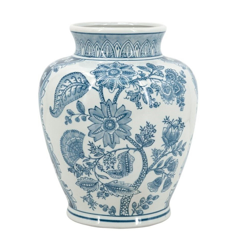 Ваза округлой формы белого цвета с синим растительным узором Blue & White Ornament Белый Синий Ваза округлой формы белого цвета с синим растительным узором Blue & White Ornament Белый Синий в Сочи | Loft Concept
