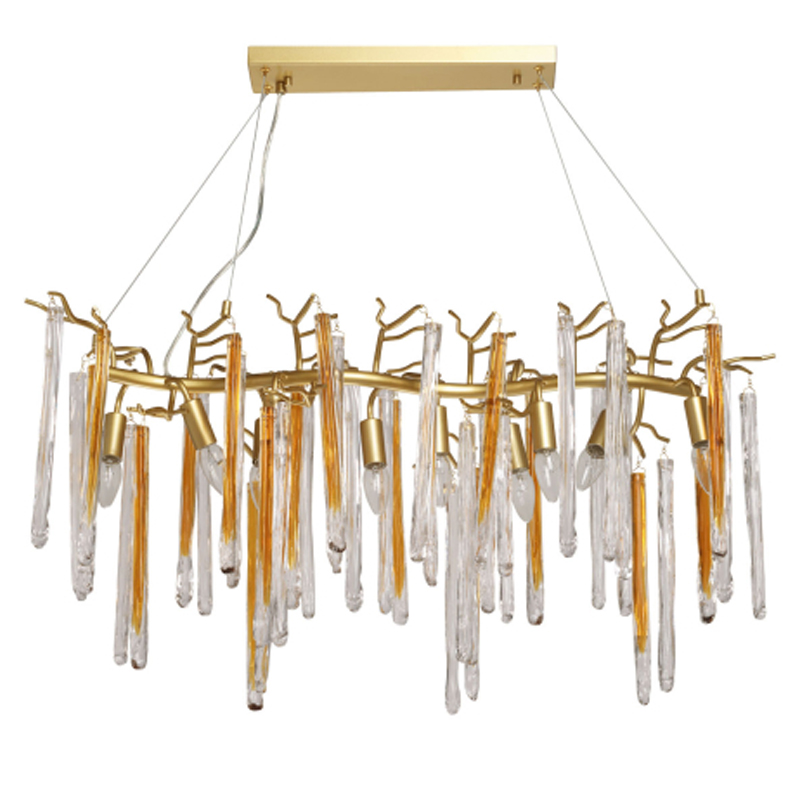 Люстра линейная золотого цвета с декоративными ветвями и длинными стеклянными подвесками в форме сосулек Droplet Chandelier Золотой Прозрачный в Сочи | Loft Concept 