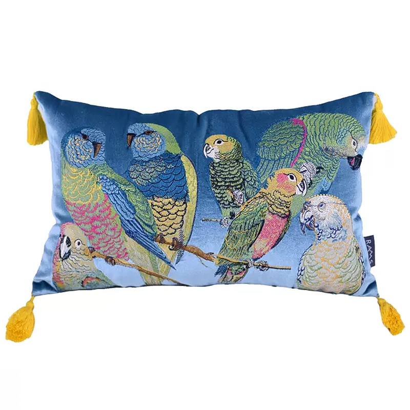 Декоративная подушка с вышивкой Embroidery Parrots Long Pillow Blue Голубой Мульти в Сочи | Loft Concept 