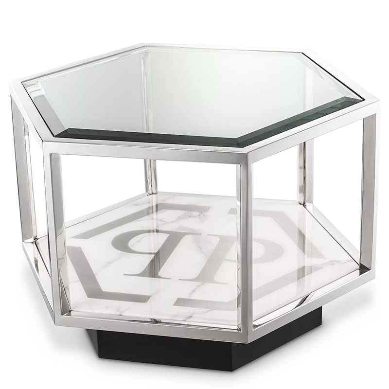 Приставной стол Philipp Plein Side Table Falcon View Chrome Хром Белый Мрамор Bianco Серый Черный Прозрачное Стекло в Сочи | Loft Concept 